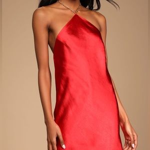 Lulu’s Headed to the Club Red Satin Chain Backless Swing Mini Dress